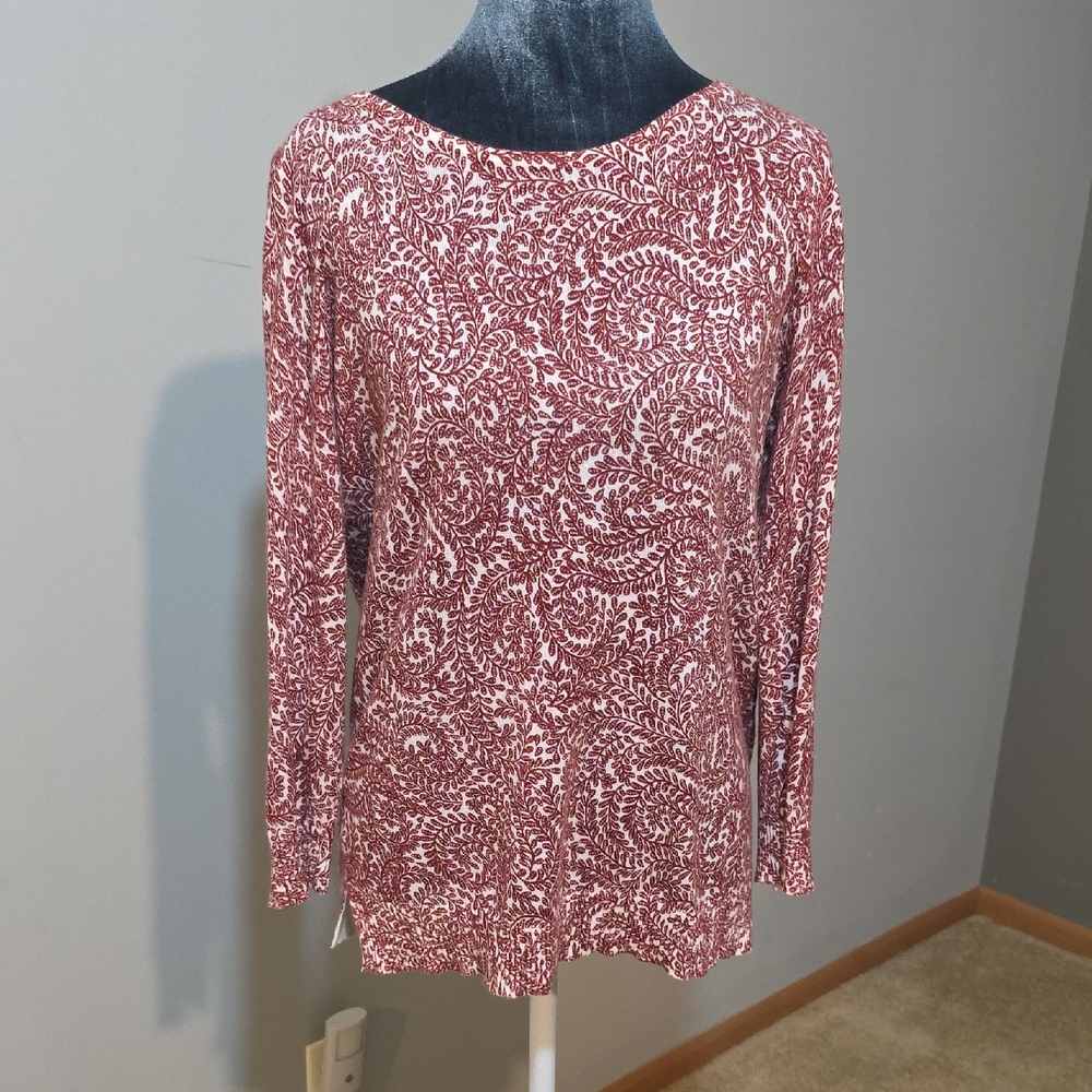 LOFT Long-Sleeve Printed Scoop Neck Top - Rose & White